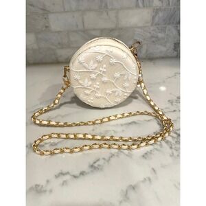 Round Crossbody Bag Ivory Floral Embroidered Pearl‎ Chain Evening Party Purse